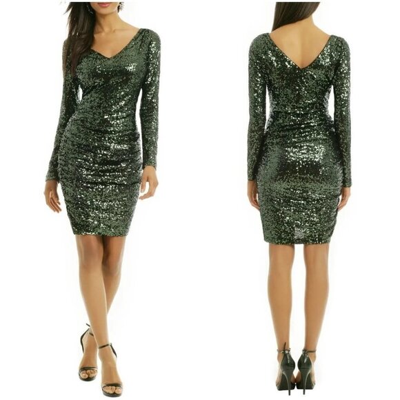 Badgley Mischka Green Sequin Shamrock Bodycon Dress $495 - Picture 1 of 8
